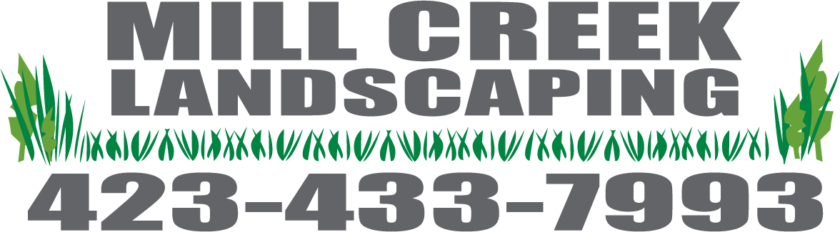 Call us! Logo for Mill Creek Landscaping with text and grass illustration; phone number 423-433-7993.