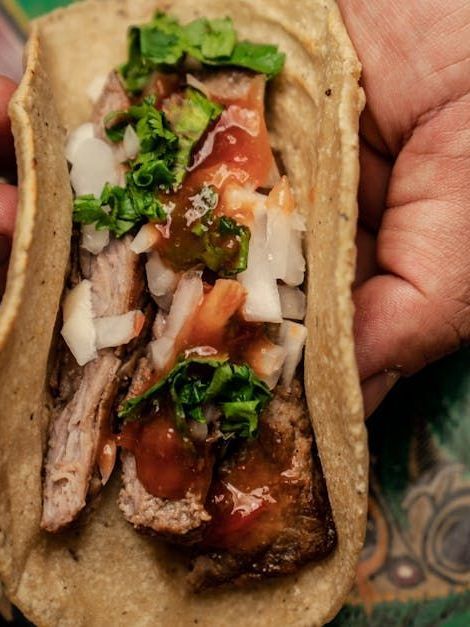 A person is holding a taco with meat and sauce on it.