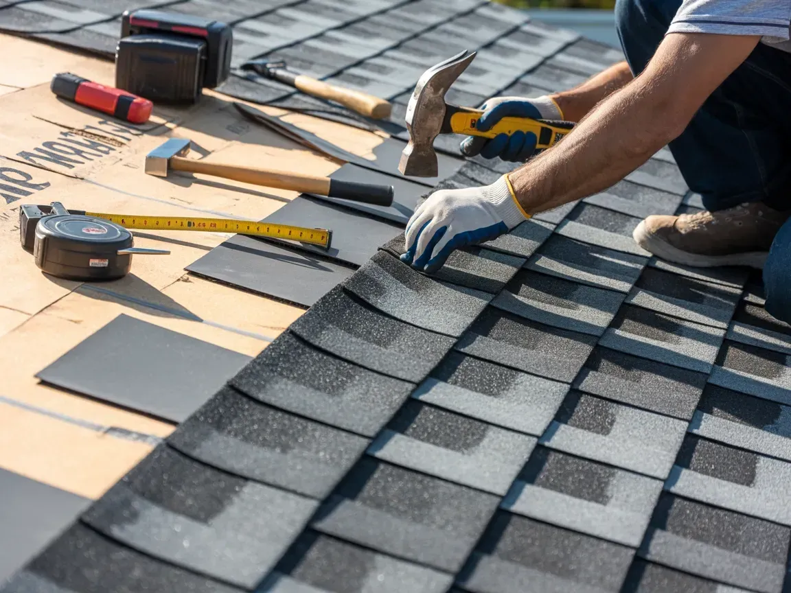 Worker installing gray roof shingles with tools on a rooftop