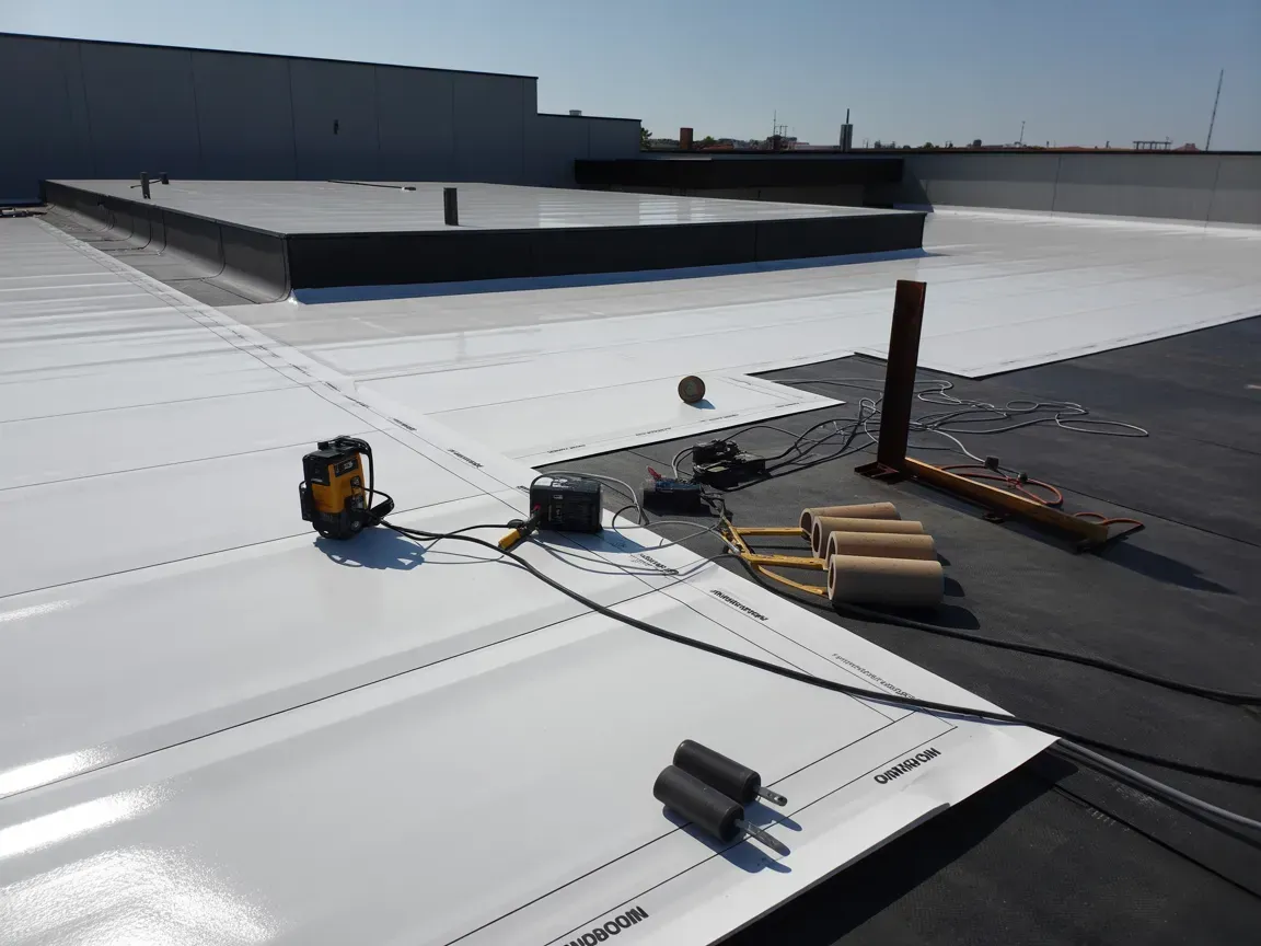 Rooftop with white membrane roofing, tools, and construction materials near a dark roof section.