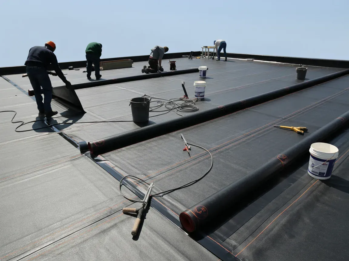 Workers installing black roofing membrane on a flat rooftop under a clear sky
