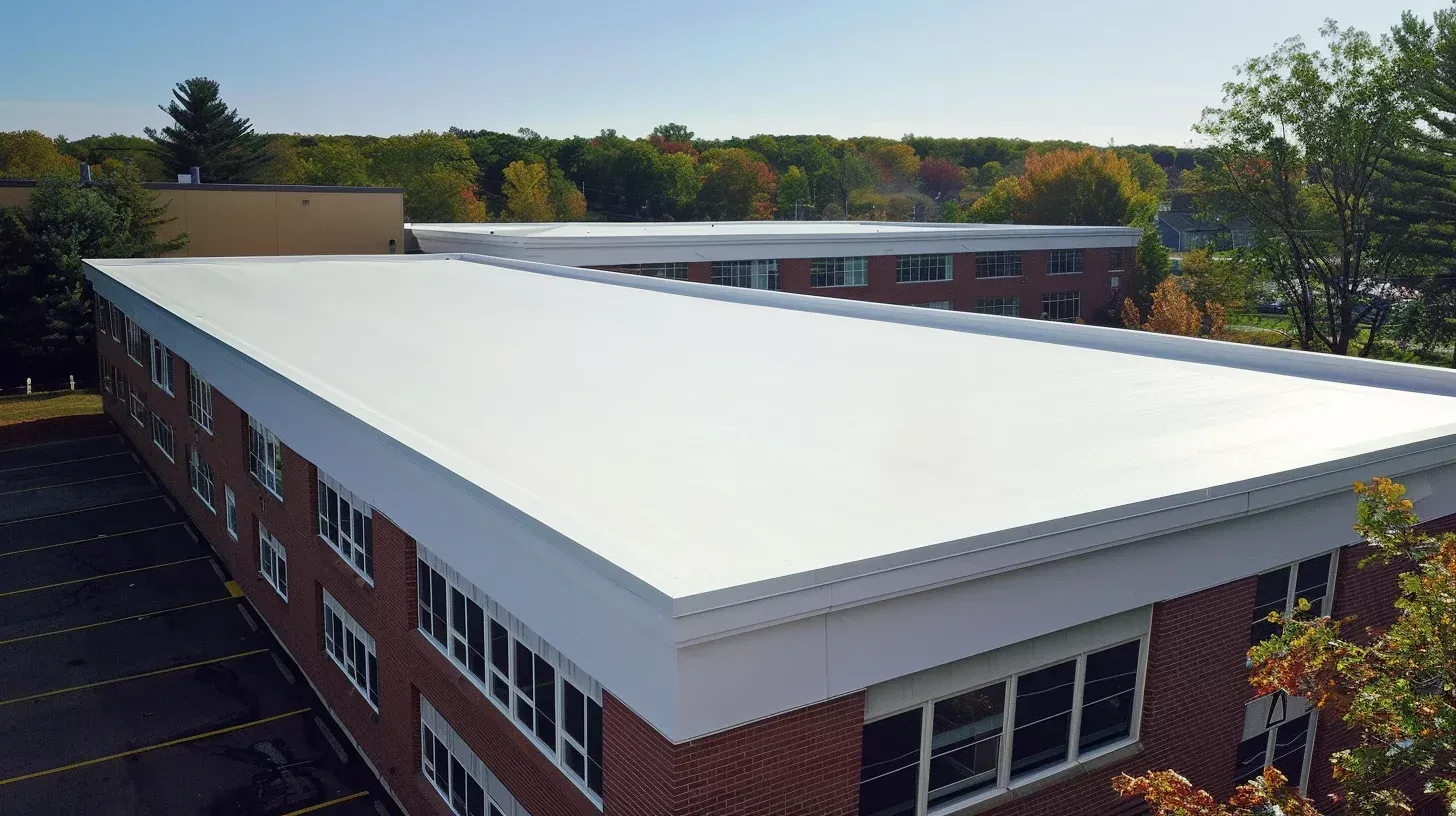 Rooftop with white membrane roofing, tools, and construction materials near a dark roof section.