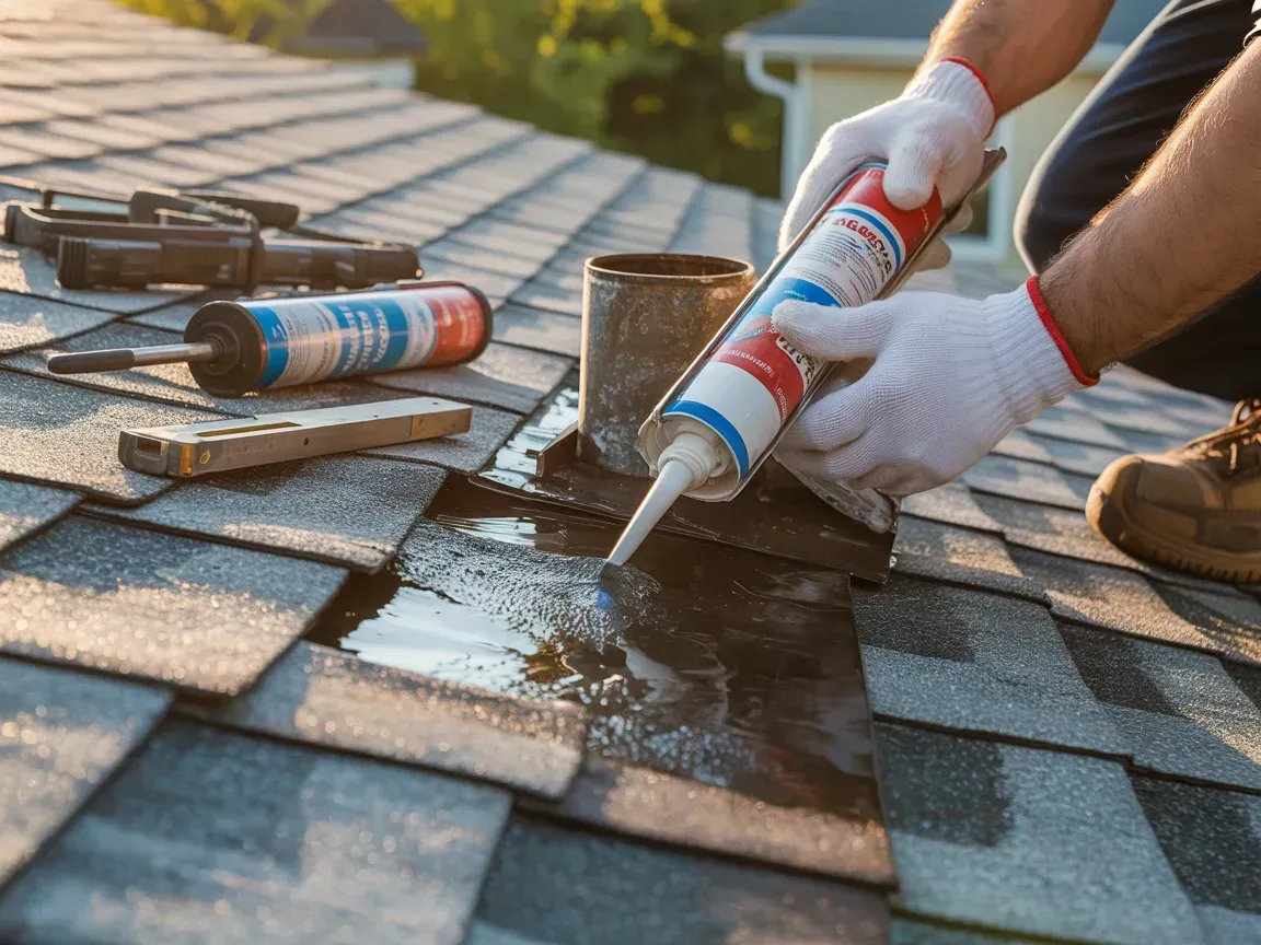 Gloved hands caulk roof shingles beside a vent during roof repair