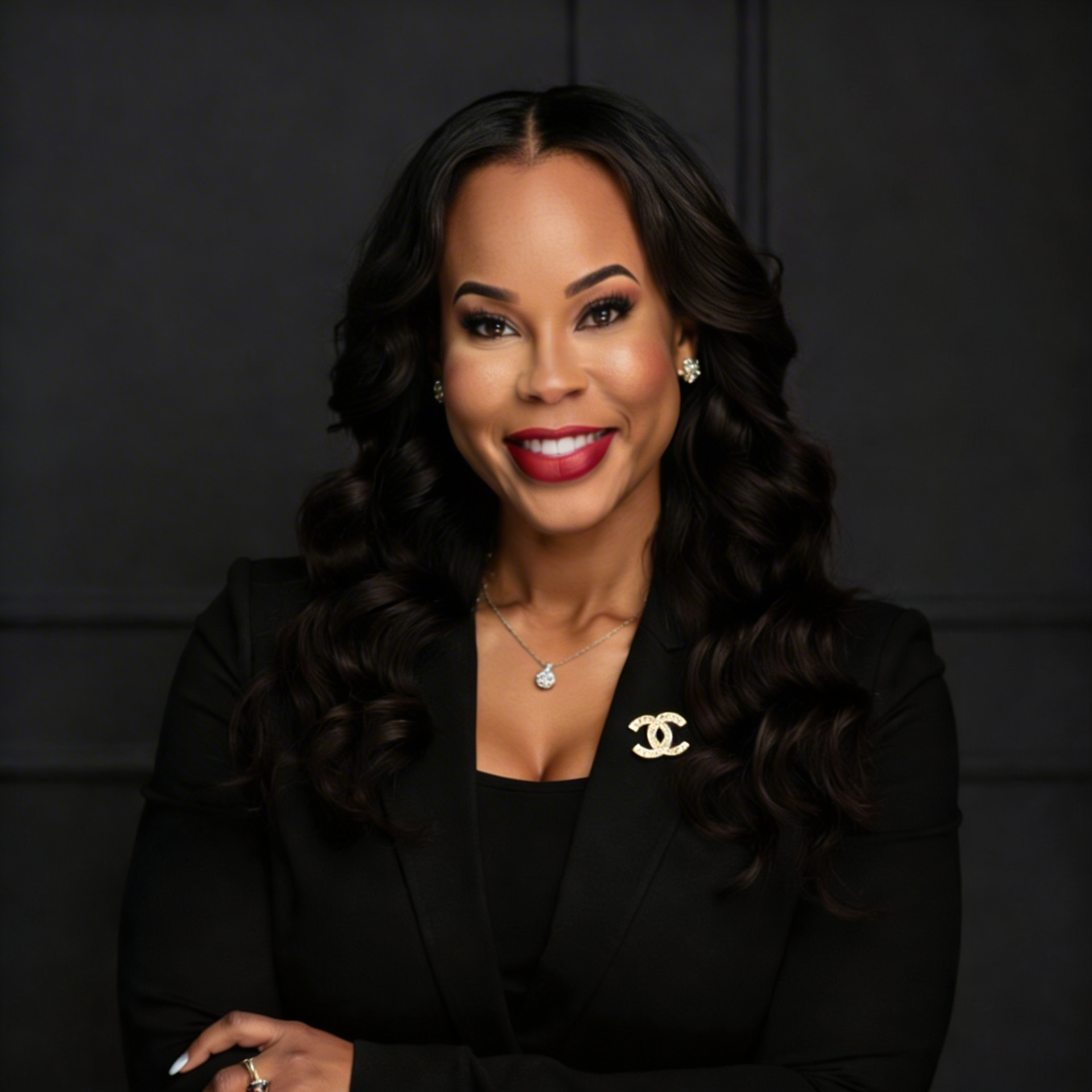 Portrait of a smiling woman in a black blazer with a Chanel brooch against a dark background