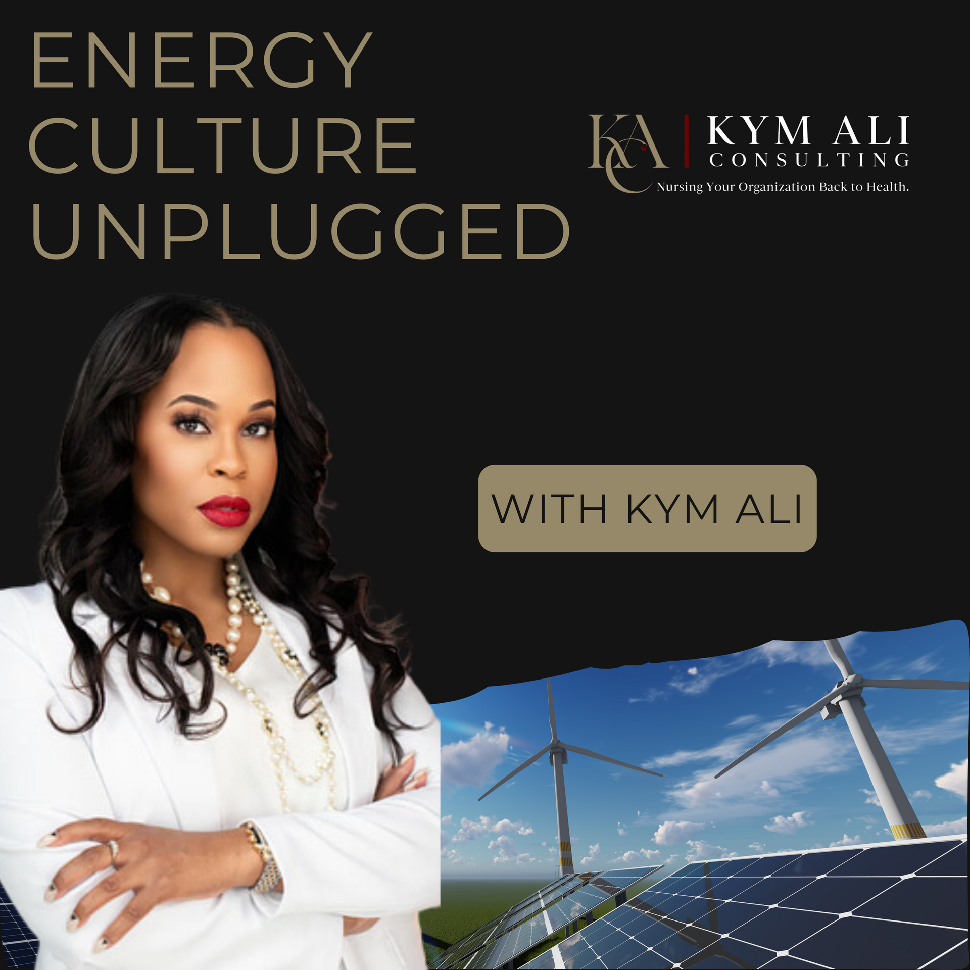 A woman is standing in front of a picture of windmills and solar panels.