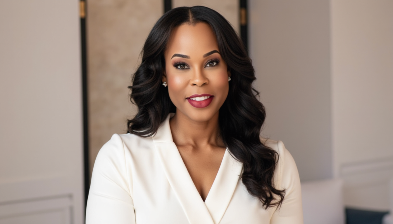 A woman wearing a white jacket and red lipstick is standing with her arms crossed.