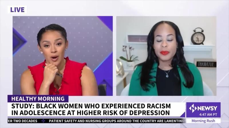 Two women are talking on a news channel about racism in adolescence