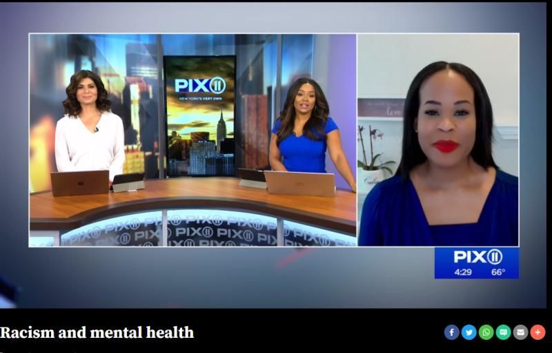 A television screen shows a news report about racism and mental health