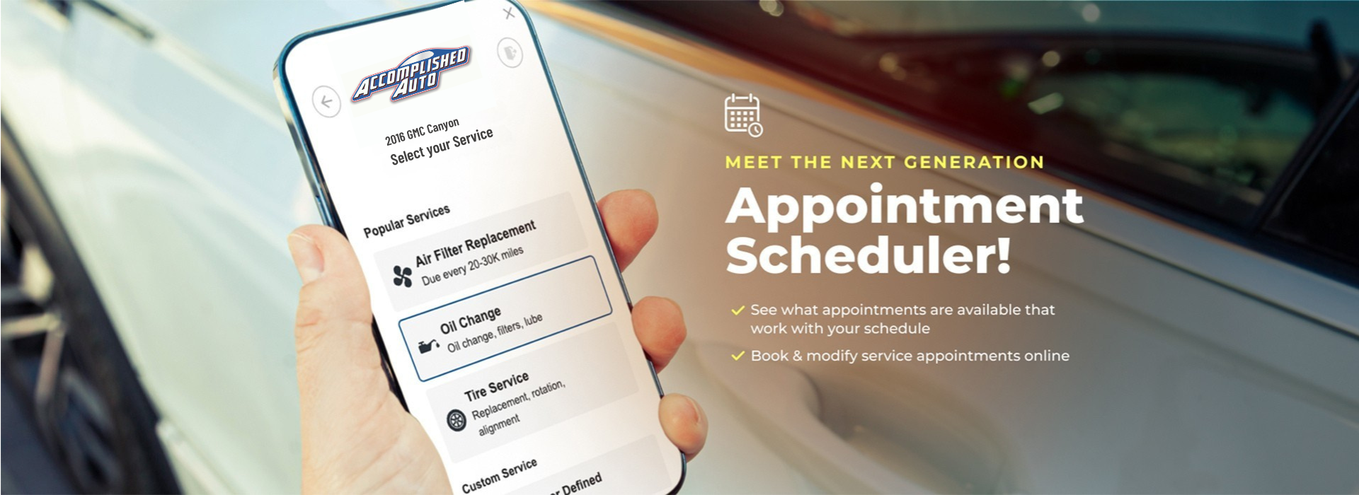 Hand holding phone, displaying car service appointment scheduler, text: 