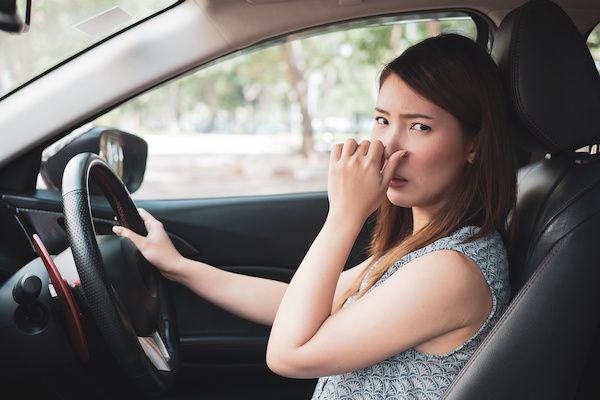 Woman in car holding nose, unhappy.