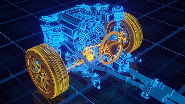 Blue and yellow wireframe rendering of a car engine, wheels, and steering components.