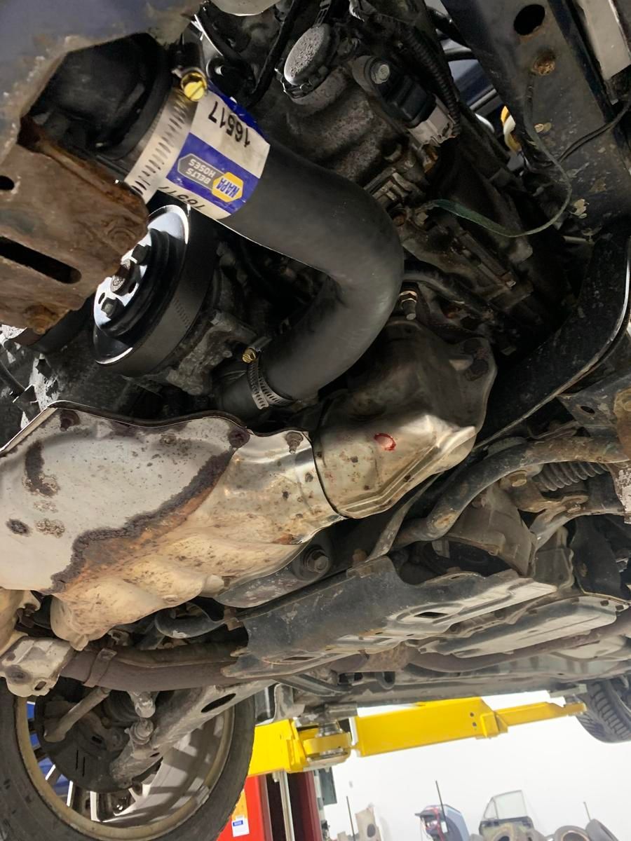 Underside view of a car engine bay, showing a black hose, pulleys, and metal components. Yellow lift is visible. | Accomplished Automotive