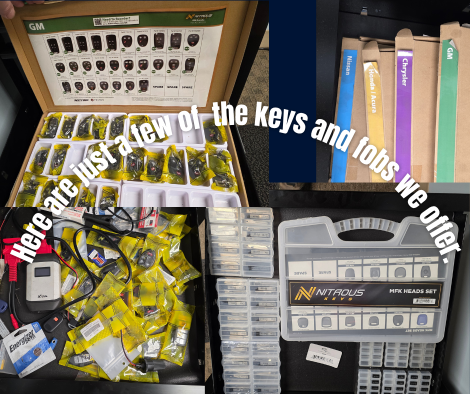 Keys and fobs in a drawer, some packaged, along with branded boxes. Text: