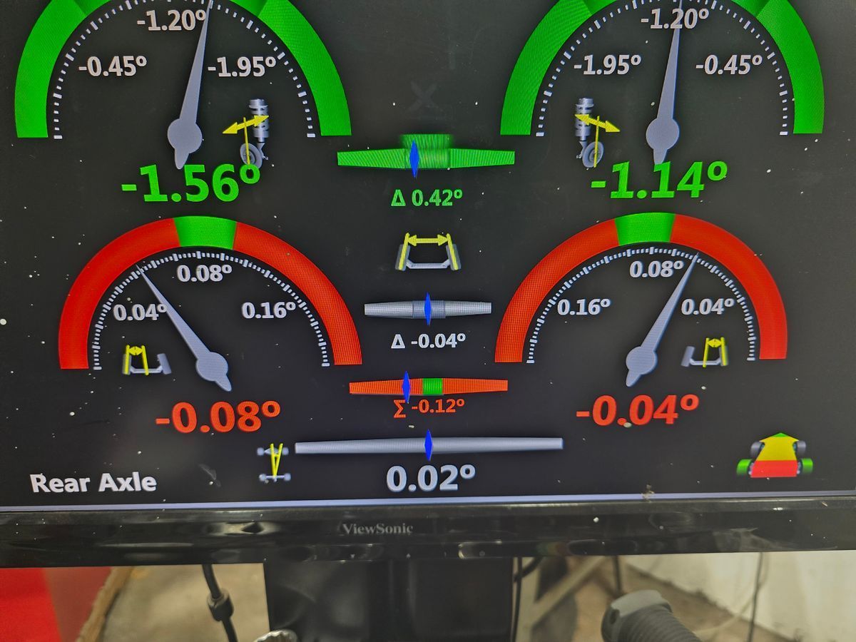 Alignment machine display showing rear axle measurements: camber (-1.56, -1.14), toe (-0.08, -0.04), and thrust angle (0.02). | Accomplished Automotive