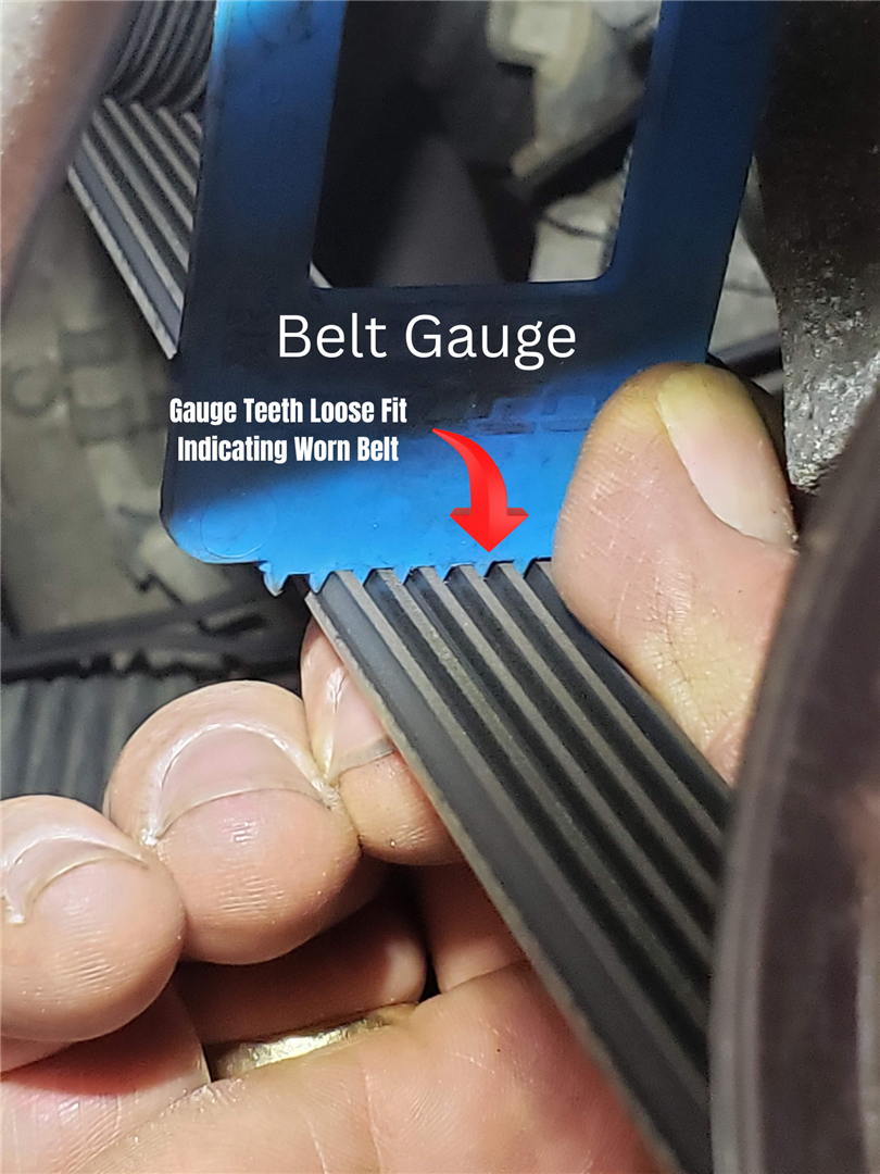 A belt gauge checking a ribbed belt on an engine; the gauge teeth are loose, indicating a worn belt.