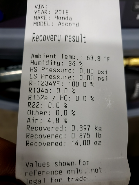 Recovery result printout for a 2018 Honda Accord with refrigerant analysis and recovery measurements.