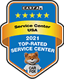 CARFAX 2021 Top-Rated Service Center award badge, blue and gold, with cartoon fox character.