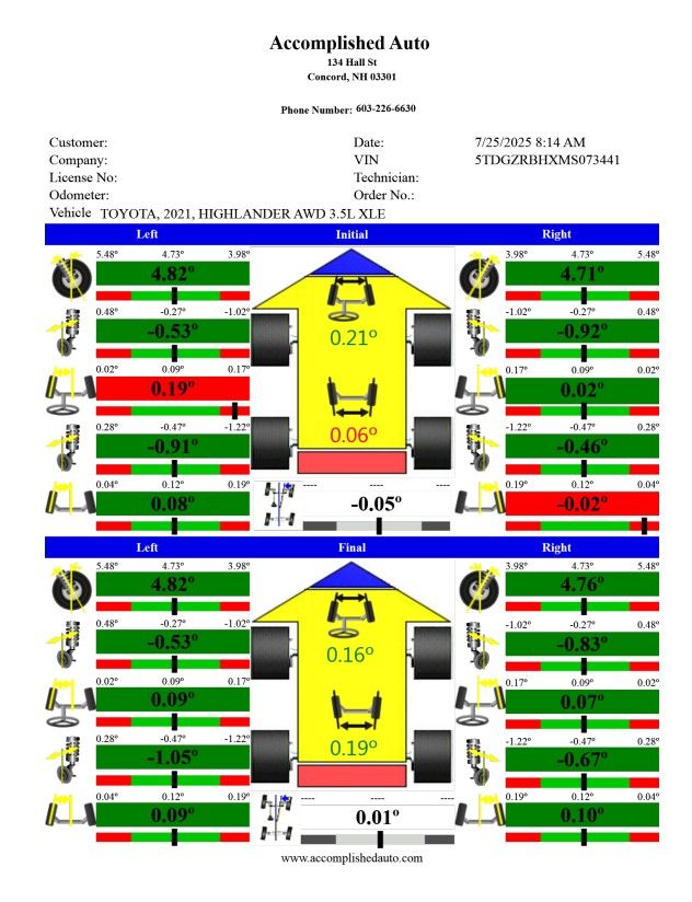 Wheel alignment report for a Toyota Highlander. Displays before and after alignment measurements in green and red. | Accomplished Automotive