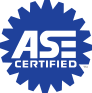 Blue ASE Certified logo with white text in a cogwheel shape.