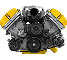 Yellow and gray engine with belts and pulleys.