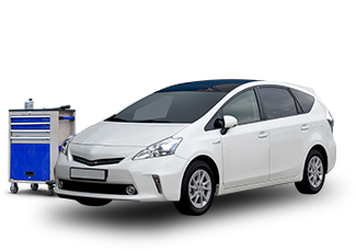 White Toyota hybrid car with tool cabinet.