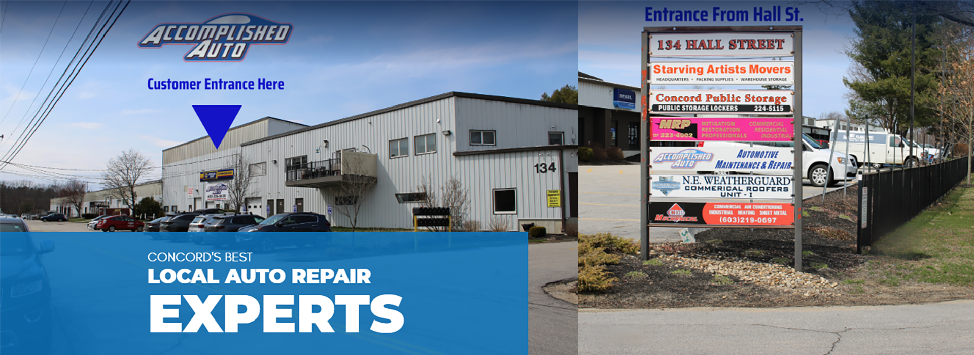 Exterior of an auto repair shop with a sign indicating the entrance. Building is white with a blue banner.