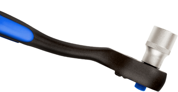 Ratchet wrench with a socket attached, black and blue handle, white background.