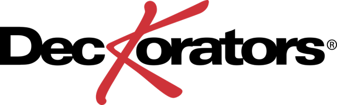 Decorators logo in black with a red stylized X through the word