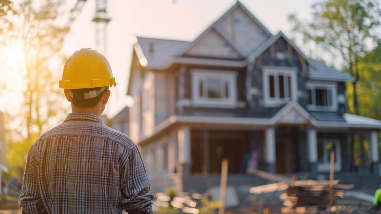 Construction worker in yellow hard hat surveys a house under construction in the sunlight.