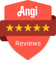 Angi Reviews badge with five gold stars on a red shield background