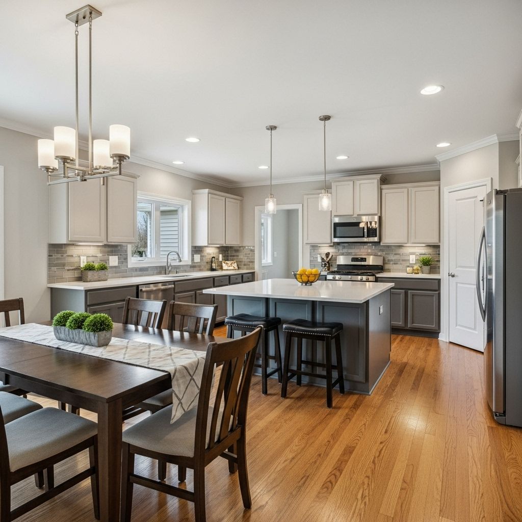 Spacious kitchen with wood floors, island, dining table, and light gray cabinetry.