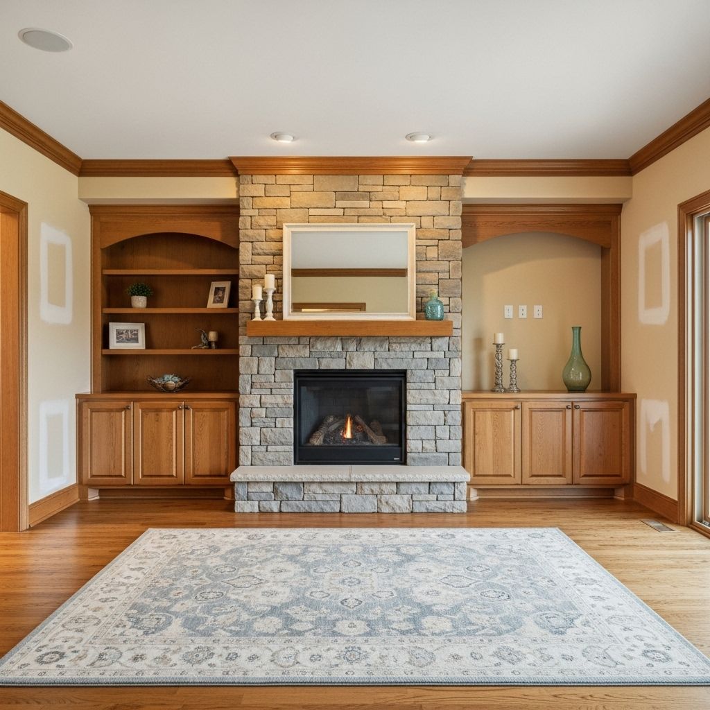 Fireplace flanked by built-in cabinets and shelves; stone facade, wooden mantel, and hardwood floor.