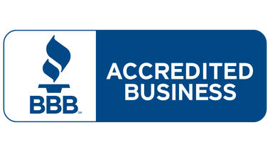 BBB Accredited Business logo with blue flame icon and blue-and-white text badge