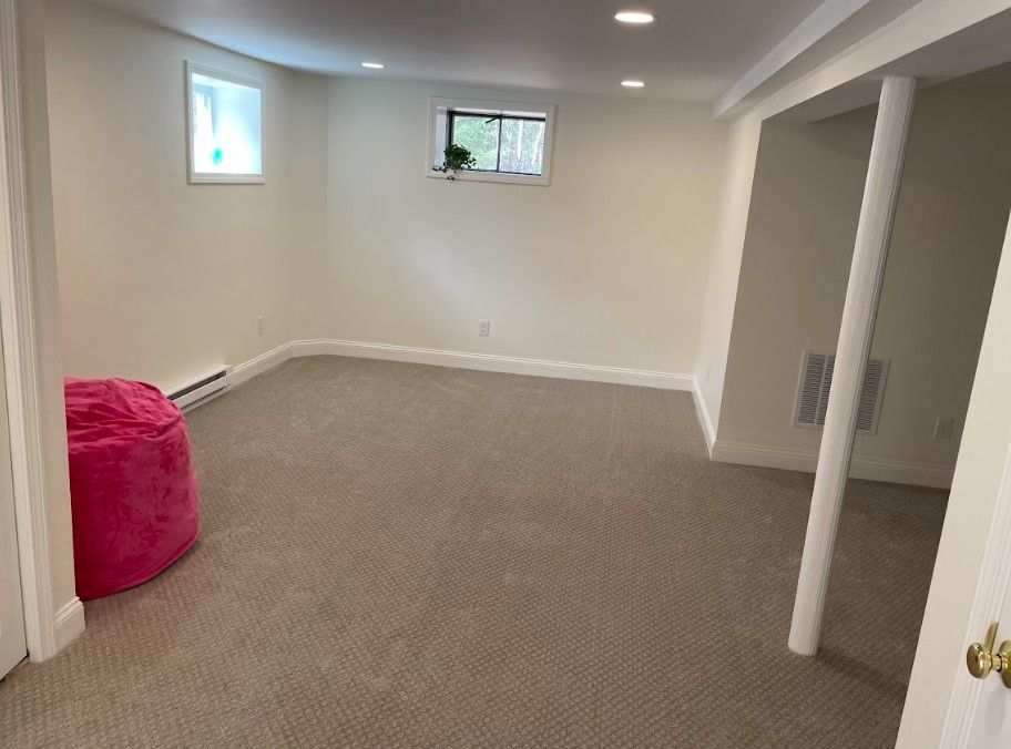 Empty finished basement with beige carpet, white walls, and pink beanbag chair.