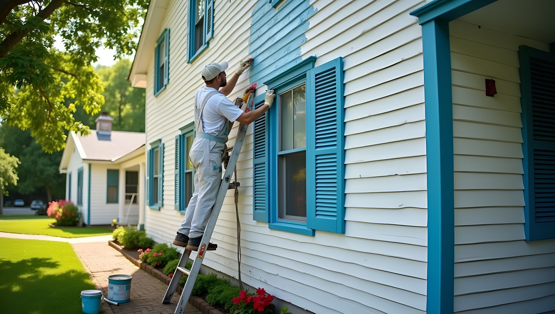 A man on a ladder is painting a white house blue