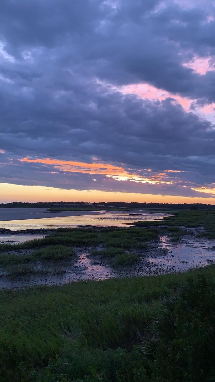Sunset over a marsh. Dark clouds above, reflecting in the water, illuminated by orange and pink hues. Green foreground.