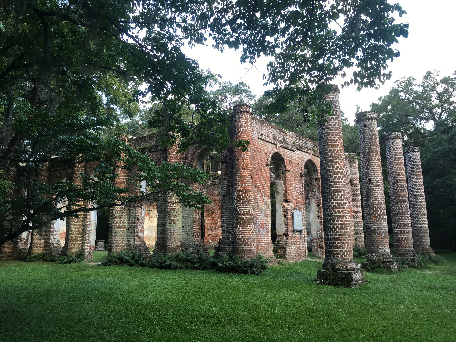 Ruined brick church in Sheldon SC with tall columns, overgrown with greenery, set in a grassy clearing.