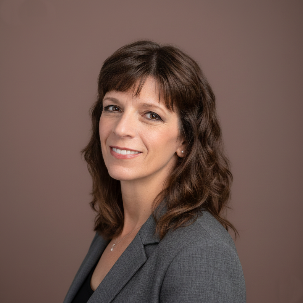 Woman with brown hair smiles outdoors, wearing a mauve top.