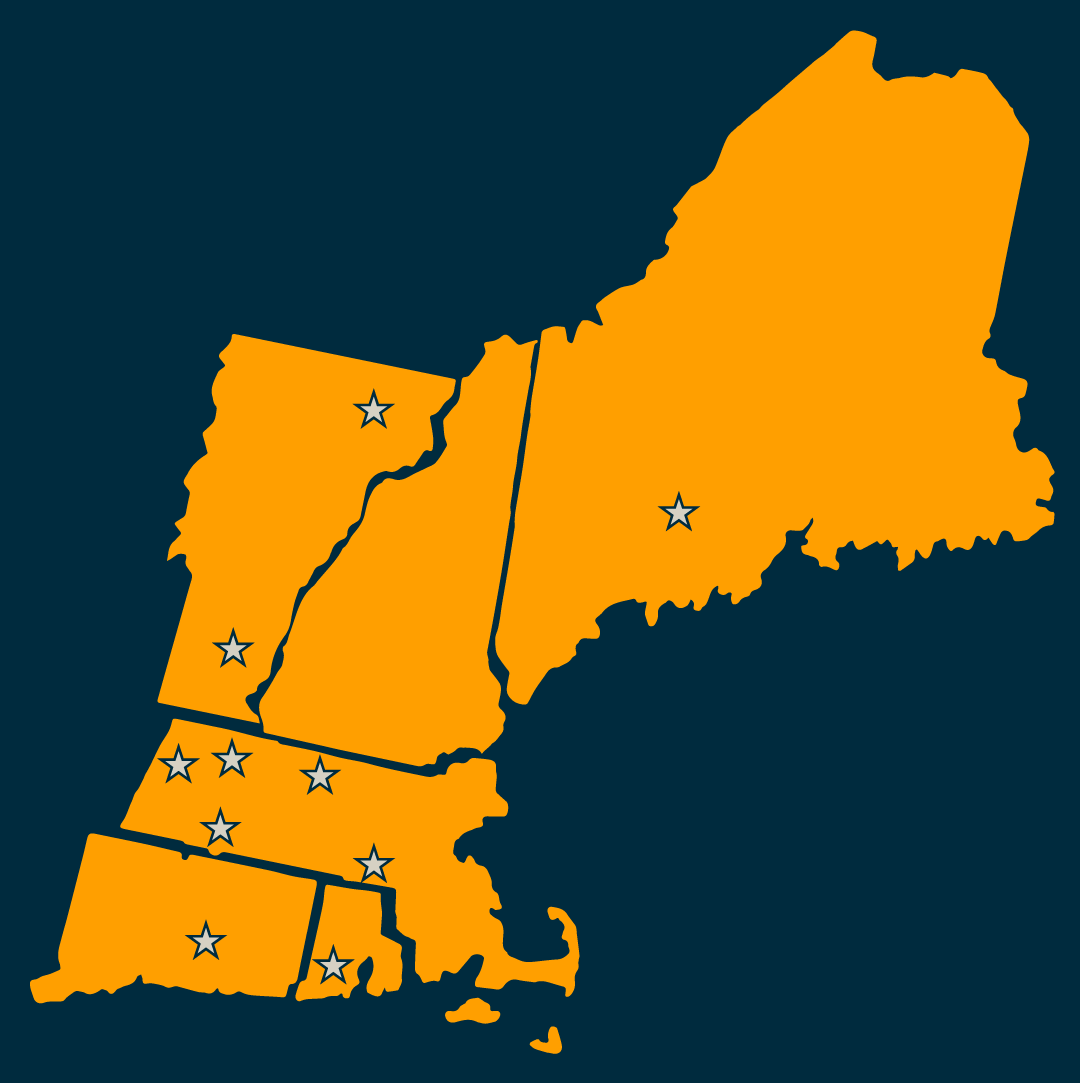 Map of New England states, highlighted in orange.