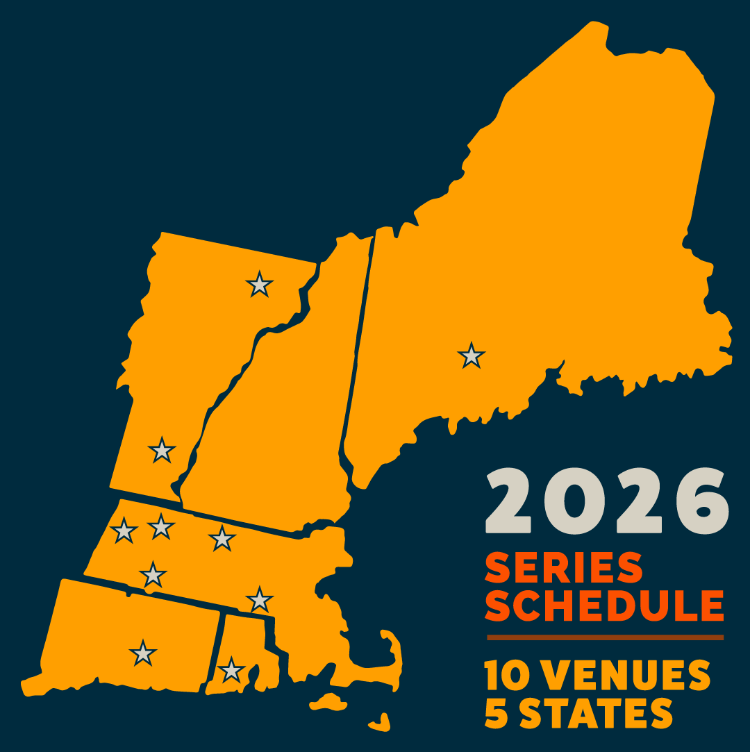 Map of New England states (orange) with star icons marking 10 venues for Race Day XC 2026 series schedule.