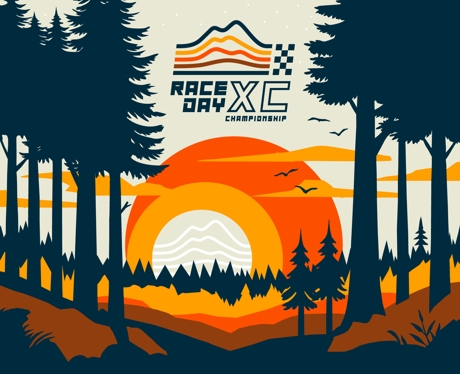 Forest landscape with a sunset backdrop,