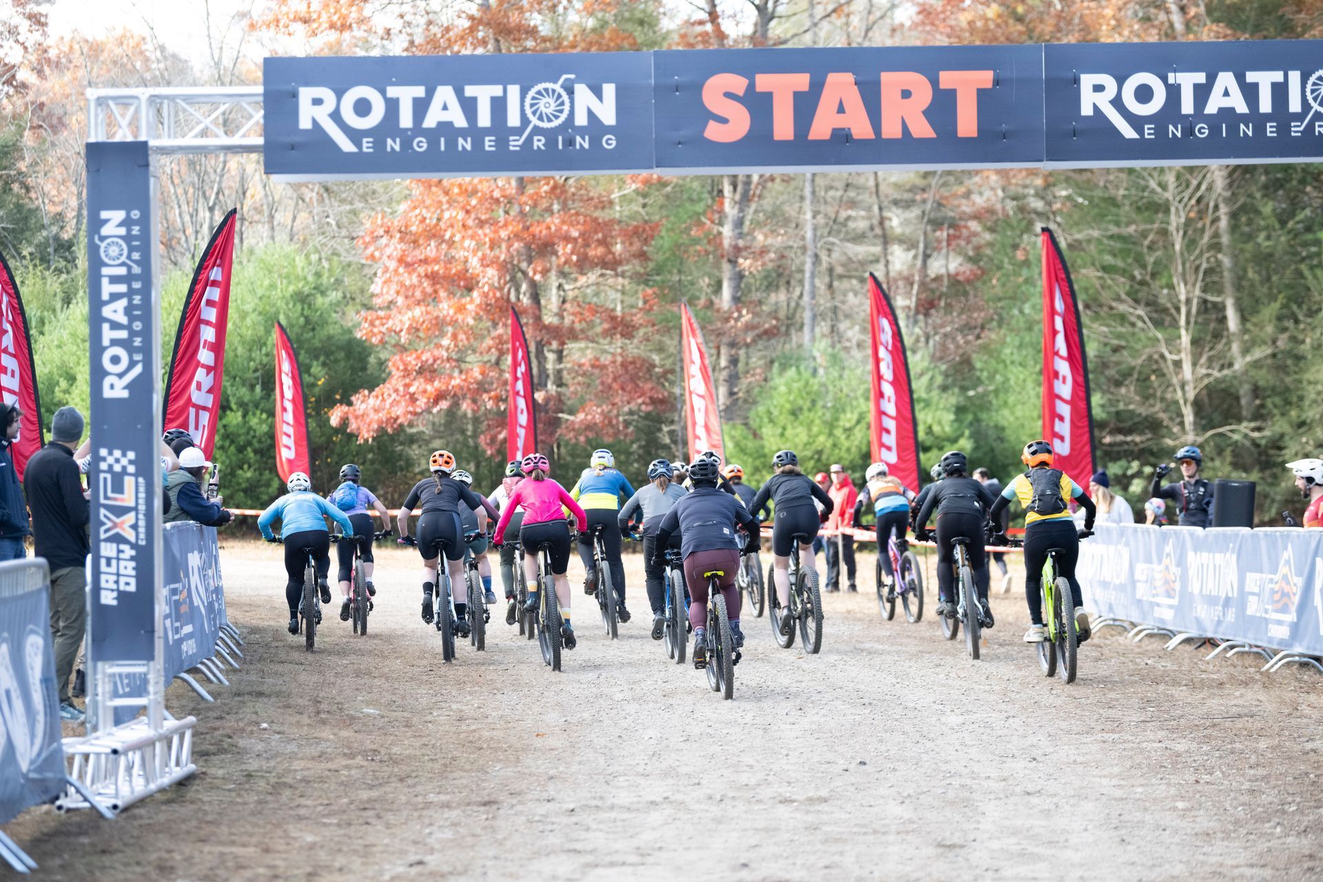 Mountain bike race beginning; riders at the