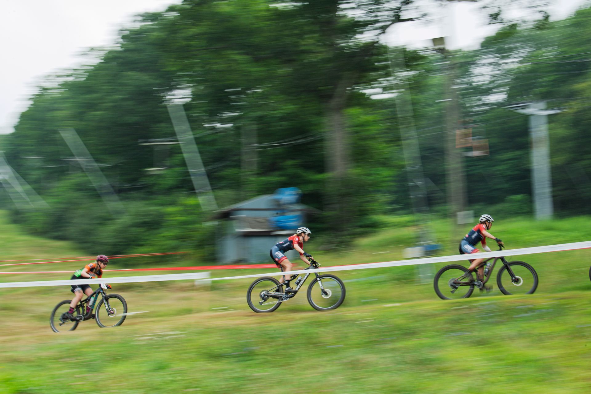 Mountain bikers racing on a grassy hillside, blurred motion. Green trees and sky in the background.