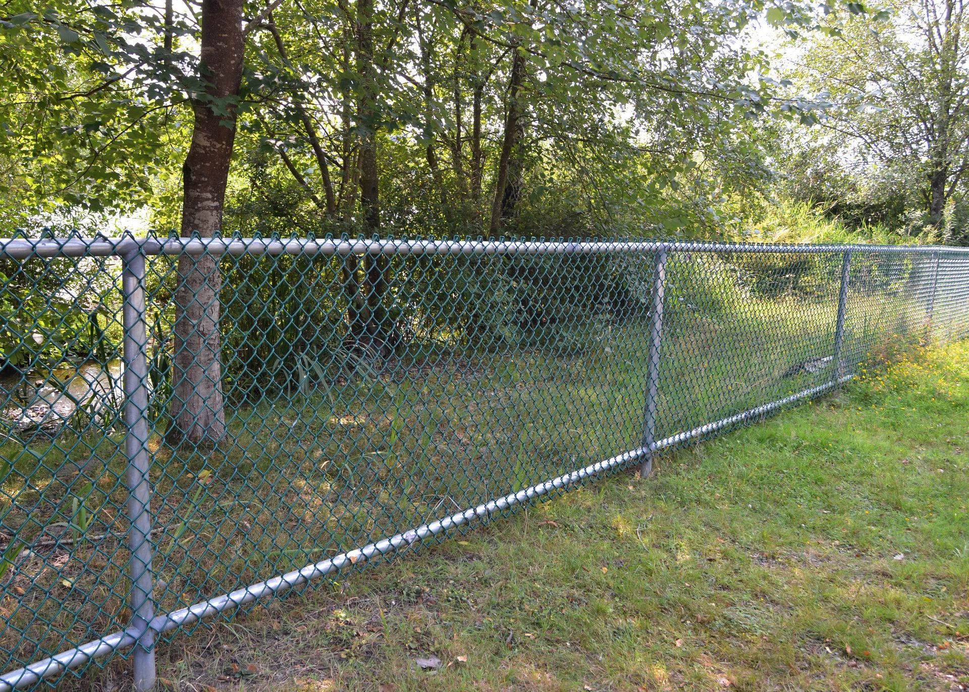 picture of a chain link fence with green vinyl coating on the perimeter of a property in Decatur, GA