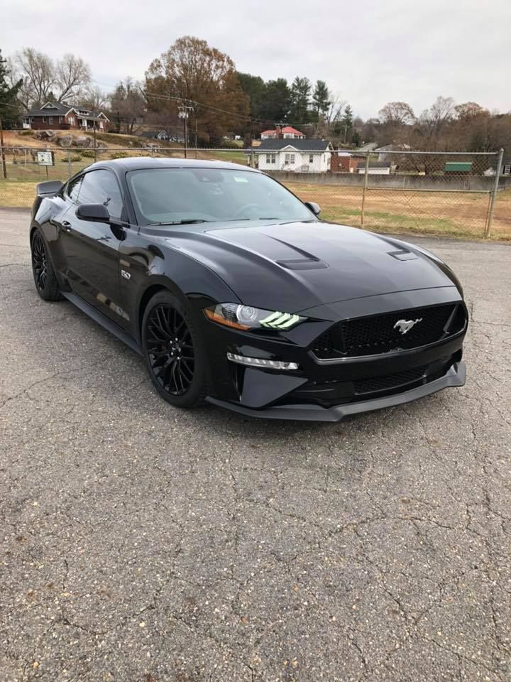 Black Ford Mustang parked on asphalt.