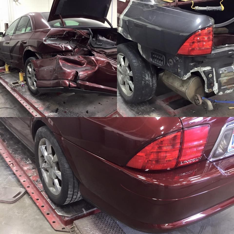 Damaged maroon car being repaired; before, during, and after photos, showing bodywork progress.