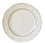 A white plate with a silver rim on a white background.