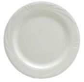 A white plate with a swirl design on it on a white background.