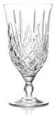A clear glass wine glass with a pattern on it on a white background.