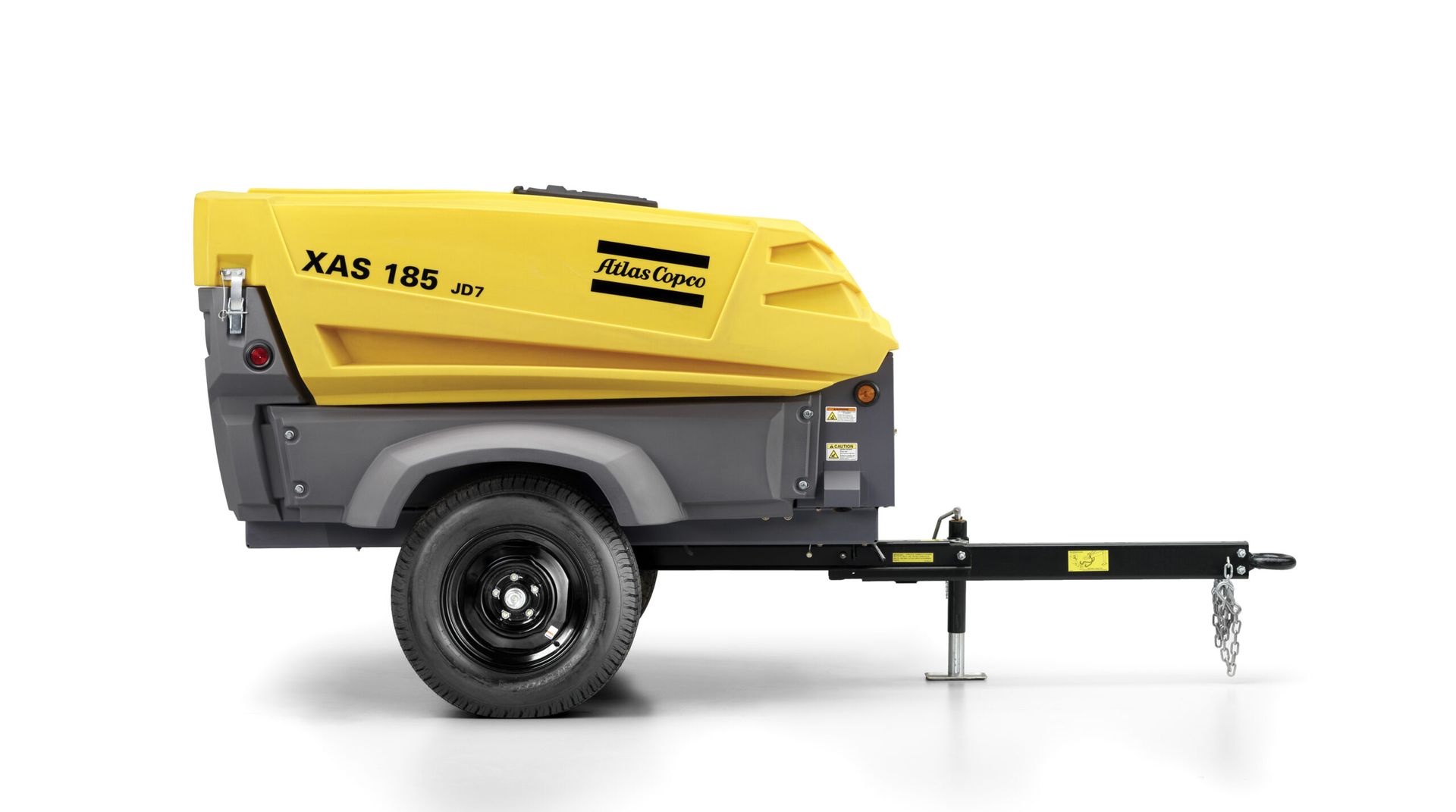 A yellow and gray air compressor on a trailer on a white background.